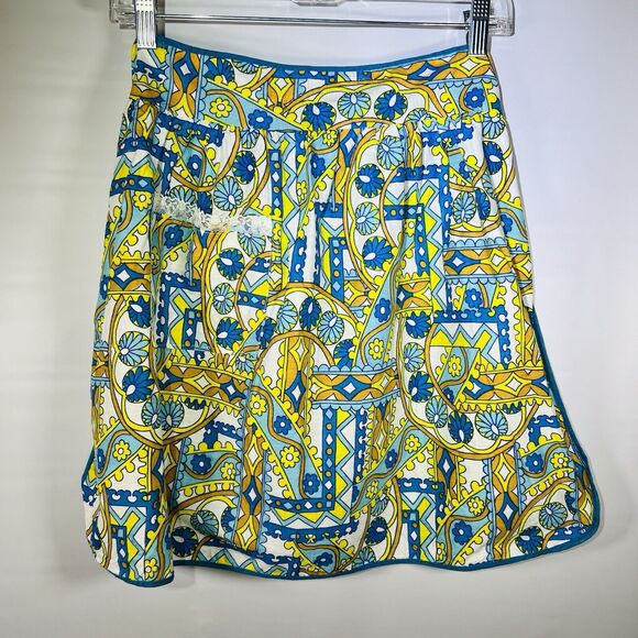 Vintage Groovy Floral Blue White Yellow Tie Back  Half  Apron MCM Retro - Picture 1 of 7